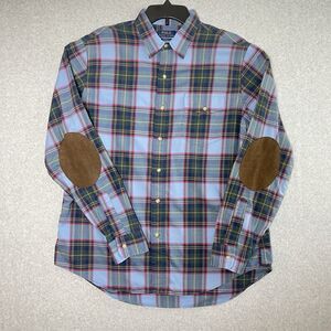 Polo Ralph Lauren Plaid Shirt Men Sz Large 100%Cotton Lamb Suade Elbow Patches